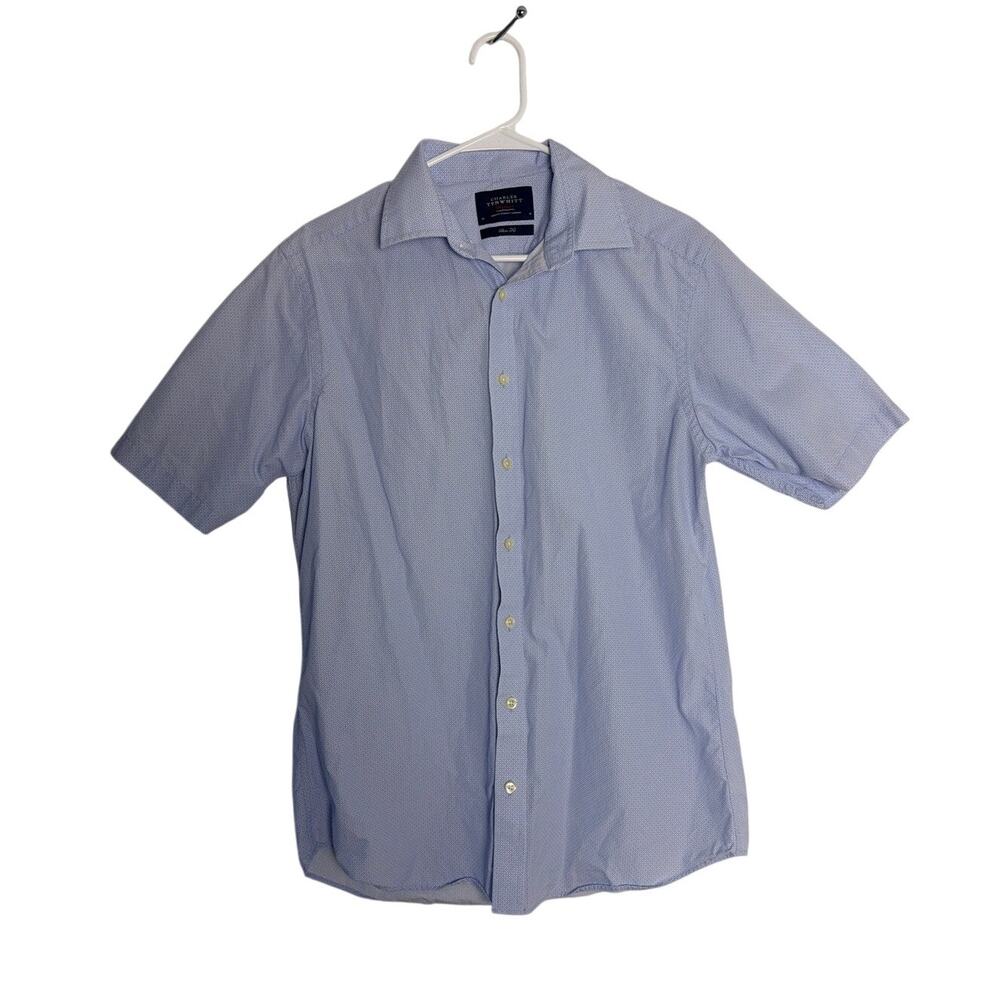 Charles Tyrwhitt Men Short Sleeve Shirt Blue Non-Iron Slim Fit Dress Shirt 39